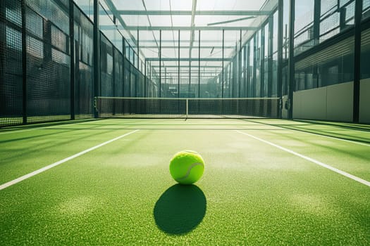 A padel game strategy board is positioned on a pristine green playing surface, featuring a bright yellow ball placed centrally. The well-lit court enhances visibility for players.
