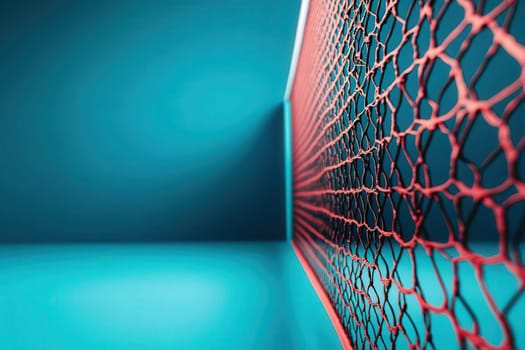 The padel net stands prominently, showcasing its intricate mesh design. Set against a clean blue background, it highlights the unique features and texture of the net in crisp detail.