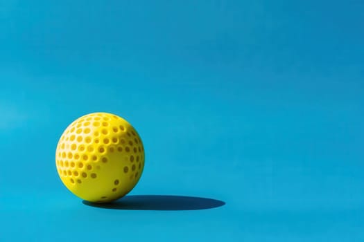This vibrant yellow padel ball is positioned on a clean blue background, showcasing its distinctive perforated design and shadow, emphasizing its role in the dynamic sport of padel.