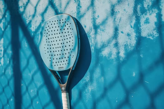 A strategy board for padel game analysis displays a racquet against a solid blue backdrop. The clean surface emphasizes the tool used for tactical assessments in the sport.