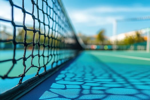 A padel net stands prominently on a clean and colorful court, with sunlight illuminating its structure and casting shadows. The scene captures the essence of outdoor padel sports.