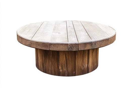 The rustic wooden patio table, showcasing a round design and weathered finish, serves as a focal point in a bright outdoor space, perfect for gatherings or quiet moments.
