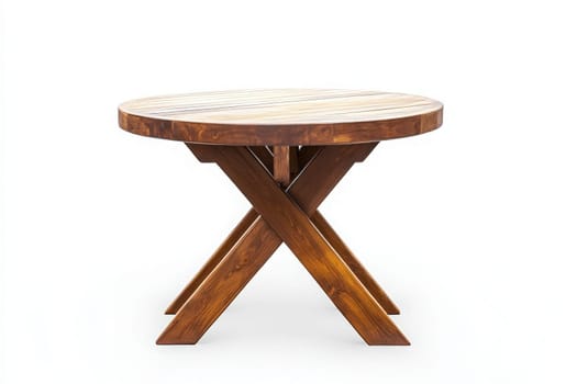A round wooden patio table stands alone in a bright, uncluttered space, showcasing its minimalist design and sturdy construction, perfect for outdoor gatherings or dining experiences.