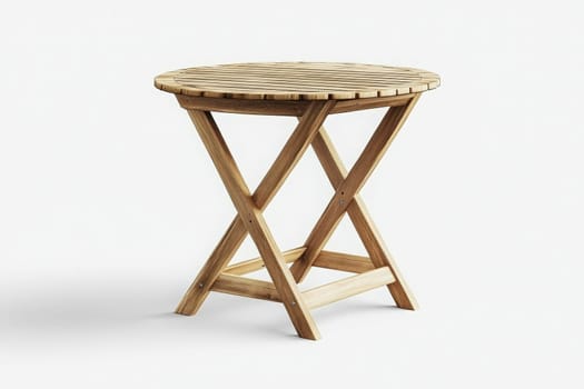 A round wooden patio table stands alone, showcasing its simple design. Ideal for outdoor dining, it invites gatherings and relaxation in a sunlit environment.