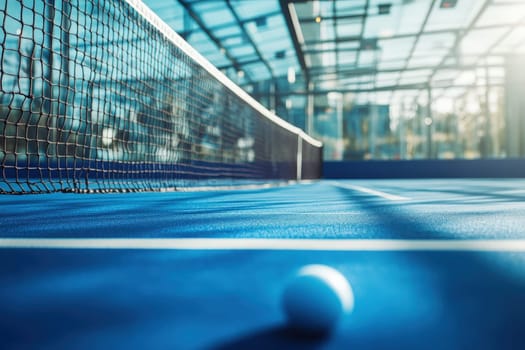 A strategic padel game board is displayed prominently on a pristine blue court, bathed in warm morning sunlight, highlighting the sports tactical elements for an engaging match ahead.