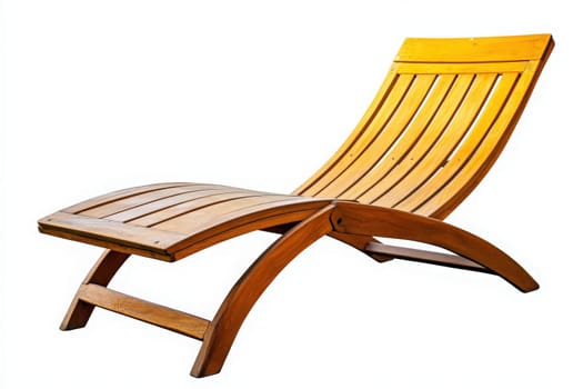 A stylish outdoor lounge chair sits alone, inviting relaxation on a warm sunny day. Its smooth wooden slats and curved design enhance comfort, perfect for enjoying nature.