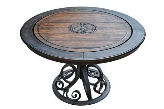 A circular patio table made of wood and metal stands alone in an open area, inviting outdoor gatherings and meals. The design combines elegance with functionality, ideal for various occasions.