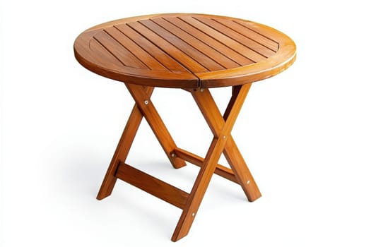 A round wooden patio table stands isolated in the center, ideal for outdoor dining or relaxation. This inviting piece of furniture enhances any patio space on a bright, sunny day.