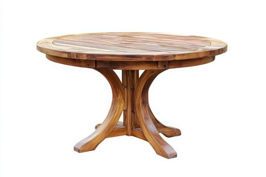 A circular wooden patio table stands isolated at the center, perfect for outdoor dining and socializing. Its sturdy design and natural finish enhance any garden or terrace setting.