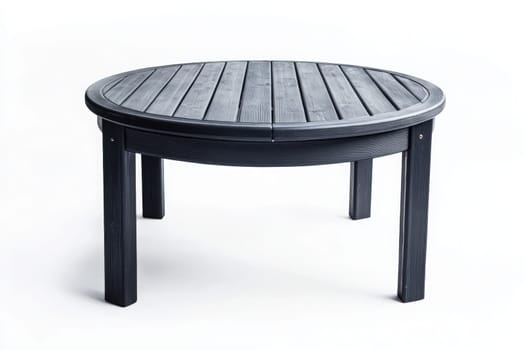 The solitary round black wooden patio table is showcased, emphasizing its sleek design and sturdy build, ideal for outdoor living spaces and gatherings during pleasant weather.