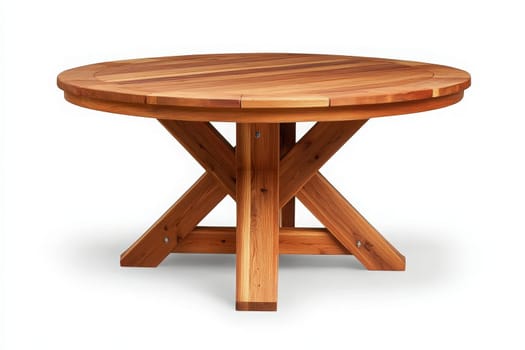 A rustic wooden patio table, designed for outdoor settings, stands prominently in the center, inviting social gatherings or relaxed dining experiences under the open sky.