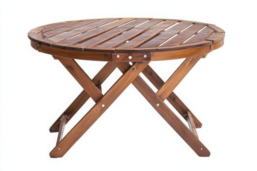 A round wooden patio table stands isolated, featuring a classic slatted top and sturdy legs, perfect for outdoor dining and social gatherings.