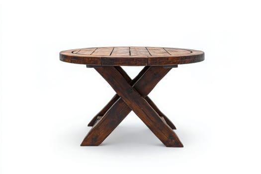 This rustic wooden patio table features a round top and sturdy crossed legs, perfect for outdoor gatherings. Its simple design adds warmth and charm to any setting, inviting relaxation.