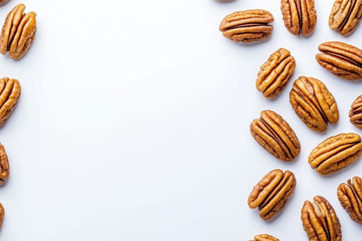 Various pecans are thoughtfully arranged on a clean white surface, highlighting their rich texture and color. This arrangement emphasizes the natural beauty of these flavorful nuts.