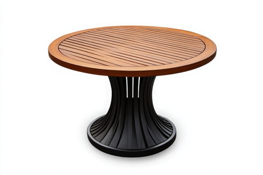 A beautifully designed patio table stands alone, showcasing a sleek wooden surface and a modern base. Perfect for al fresco dining or casual gatherings, this table enhances any outdoor setting.