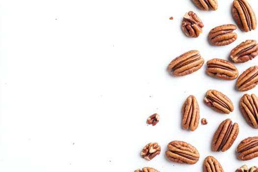 These pecans are arranged haphazardly on a bright background, showcasing their smooth surface and unique shapes. Their rich brown color adds a touch of warmth to the composition.