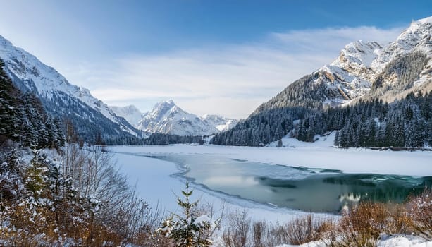 winter alpine mountains natural landscape with iced lake, AI generated image