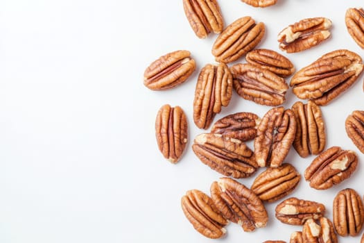Pecans are neatly isolated in the center, showcasing their rich texture and color, perfect for snacking or adding to various dishes for flavor and nutrition.
