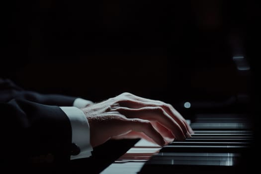 The hands of a skilled pianist move elegantly over the keys of a grand piano, creating beautiful music in a softly illuminated environment.