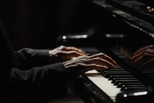 The elegant hands of a pianist dance across the keys of a grand piano, creating beautiful melodies in a quiet, intimate setting. The soft lighting enhances the atmosphere of the performance.