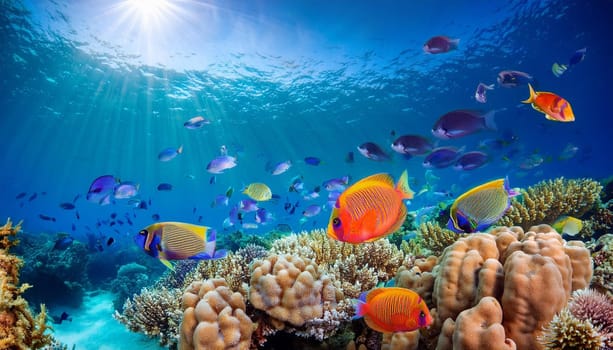 colourful tropical fishes and coral, AI generated image