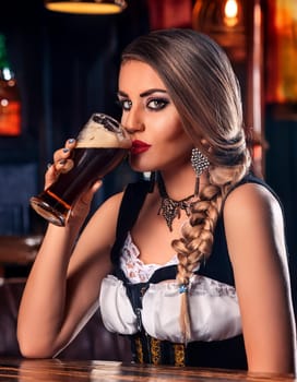 gorgeous young woman drinking beer at the pub, AI generated image