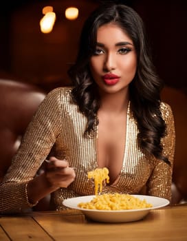 gorgeous young woman eating macaroni cheese, AI generated image