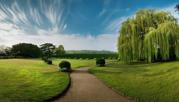 english garden with willow tree scenery, AI generated image