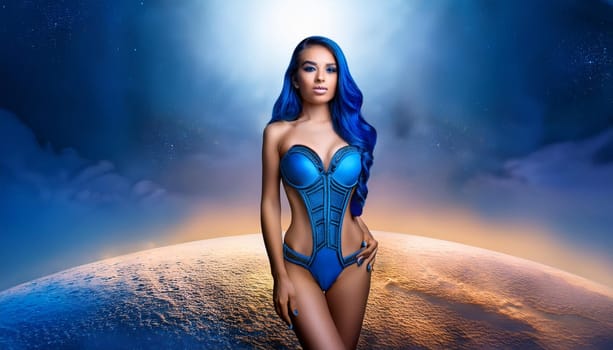 pretty young alien woman in blue dress and hairs, AI generated image