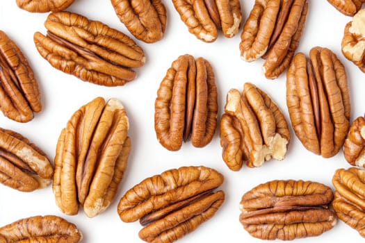 A collection of pecans is elegantly displayed on a bright white background, highlighting their rich color and texture, perfect for culinary use or as a healthy snack option.
