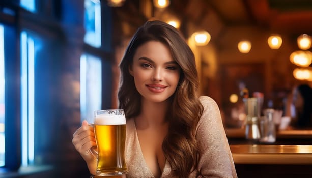 gorgeous young woman drinking beer at the pub, AI generated image