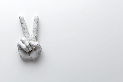 A sculpted hand making the iconic peace sign appears prominently against a clean white background. This symbol conveys a message of tranquility and harmony in a minimalist style.