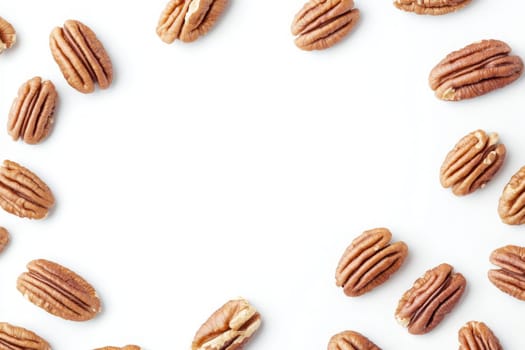 Pecans are artfully arranged in a circular pattern on a crisp white background, showcasing their rich color and texture. This arrangement highlights the beauty of these nuts.