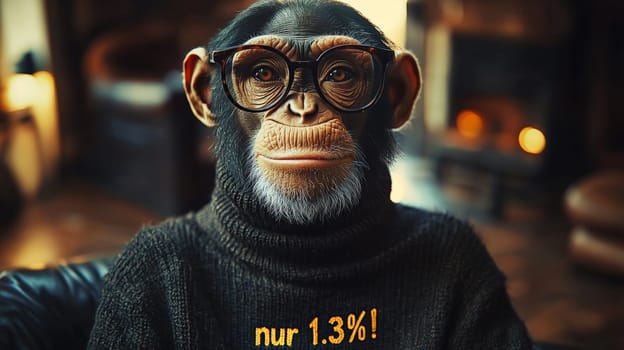 This charming image features a relaxed chimpanzee sporting stylish glasses and a cozy turtleneck sweater that reads "Nur 1.3%!"" The chimp’s intelligent gaze and comfortable demeanor create a whimsical blend of humor and insight, inviting viewers to ponder the curious similarities between humans and our primate relatives."