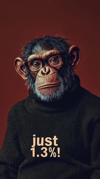 This delightful image showcases a relaxed and intelligent chimpanzee wearing stylish glasses and a cozy turtleneck sweater adorned with the phrase "Just 1.3%!"" The chimp's calm demeanor and thoughtful expression invite viewers to reflect on the intriguing connection between humans and primates, blending humor with a touch of wisdom."
