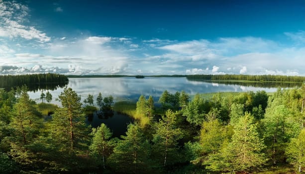 finnish lake landscape with birch trees, AI generated image