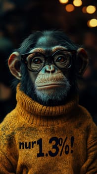 This charming image features a relaxed chimpanzee sporting stylish glasses and a cozy turtleneck sweater that reads "Nur 1.3%!"" The chimp’s intelligent gaze and comfortable demeanor create a whimsical blend of humor and insight, inviting viewers to ponder the curious similarities between humans and our primate relatives."