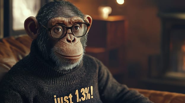 This delightful image showcases a relaxed and intelligent chimpanzee wearing stylish glasses and a cozy turtleneck sweater adorned with the phrase "Just 1.3%!"" The chimp's calm demeanor and thoughtful expression invite viewers to reflect on the intriguing connection between humans and primates, blending humor with a touch of wisdom."