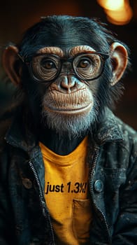 This delightful image showcases a relaxed and intelligent chimpanzee wearing stylish glasses and a cozy turtleneck sweater adorned with the phrase "Just 1.3%!"" The chimp's calm demeanor and thoughtful expression invite viewers to reflect on the intriguing connection between humans and primates, blending humor with a touch of wisdom."