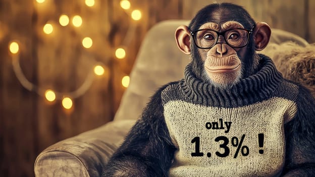 This charming portrait features a relaxed and intelligent-looking chimpanzee wearing stylish glasses and a cozy turtleneck sweater that reads "Only 1.3%!"" The image captures a blend of humor and intellect, highlighting the personality of this delightful primate in a playful and engaging manner."