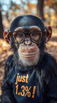 This delightful image showcases a relaxed and intelligent chimpanzee wearing stylish glasses and a cozy turtleneck sweater adorned with the phrase "Just 1.3%!"" The chimp's calm demeanor and thoughtful expression invite viewers to reflect on the intriguing connection between humans and primates, blending humor with a touch of wisdom."
