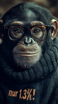 This charming image features a relaxed chimpanzee sporting stylish glasses and a cozy turtleneck sweater that reads "Nur 1.3%!"" The chimp’s intelligent gaze and comfortable demeanor create a whimsical blend of humor and insight, inviting viewers to ponder the curious similarities between humans and our primate relatives."