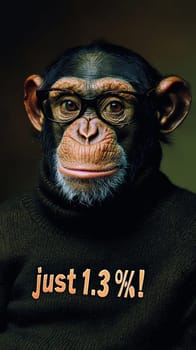 This delightful image showcases a relaxed and intelligent chimpanzee wearing stylish glasses and a cozy turtleneck sweater adorned with the phrase "Just 1.3%!"" The chimp's calm demeanor and thoughtful expression invite viewers to reflect on the intriguing connection between humans and primates, blending humor with a touch of wisdom."