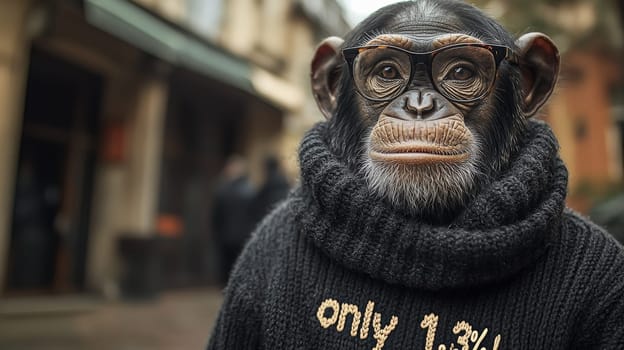 This charming portrait features a relaxed and intelligent-looking chimpanzee wearing stylish glasses and a cozy turtleneck sweater that reads "Only 1.3%!"" The image captures a blend of humor and intellect, highlighting the personality of this delightful primate in a playful and engaging manner."