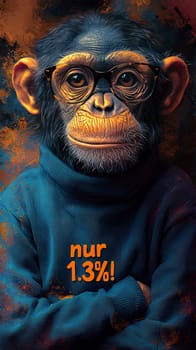 This charming image features a relaxed chimpanzee sporting stylish glasses and a cozy turtleneck sweater that reads "Nur 1.3%!"" The chimp’s intelligent gaze and comfortable demeanor create a whimsical blend of humor and insight, inviting viewers to ponder the curious similarities between humans and our primate relatives."