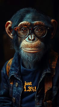 This delightful image showcases a relaxed and intelligent chimpanzee wearing stylish glasses and a cozy turtleneck sweater adorned with the phrase "Just 1.3%!"" The chimp's calm demeanor and thoughtful expression invite viewers to reflect on the intriguing connection between humans and primates, blending humor with a touch of wisdom."