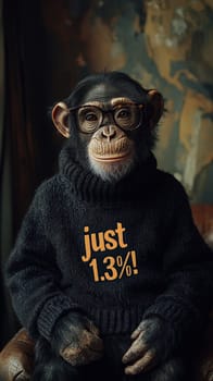 This delightful image showcases a relaxed and intelligent chimpanzee wearing stylish glasses and a cozy turtleneck sweater adorned with the phrase "Just 1.3%!"" The chimp's calm demeanor and thoughtful expression invite viewers to reflect on the intriguing connection between humans and primates, blending humor with a touch of wisdom."