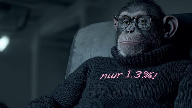 This charming image features a relaxed chimpanzee sporting stylish glasses and a cozy turtleneck sweater that reads "Nur 1.3%!"" The chimp’s intelligent gaze and comfortable demeanor create a whimsical blend of humor and insight, inviting viewers to ponder the curious similarities between humans and our primate relatives."