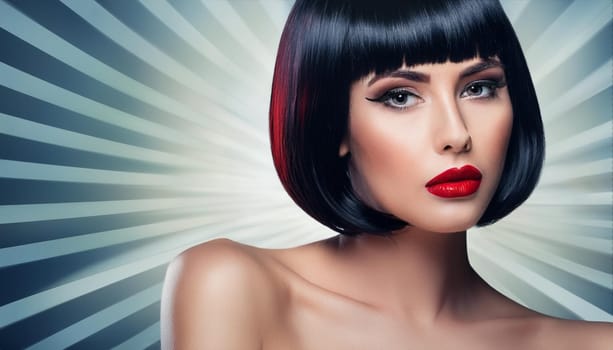 gorgeous woman bob haircut sixties retro futuristic style red lipstick, AI generated image
