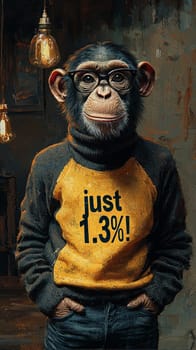 This delightful image showcases a relaxed and intelligent chimpanzee wearing stylish glasses and a cozy turtleneck sweater adorned with the phrase "Just 1.3%!"" The chimp's calm demeanor and thoughtful expression invite viewers to reflect on the intriguing connection between humans and primates, blending humor with a touch of wisdom."